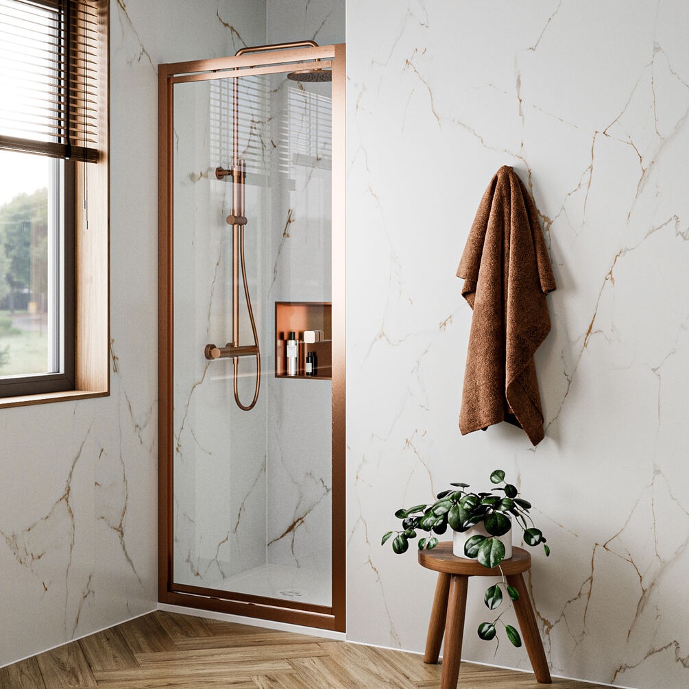Lifestyle image of Crosswater Clear 6 Brushed Bronze 900mm Infold Shower Door